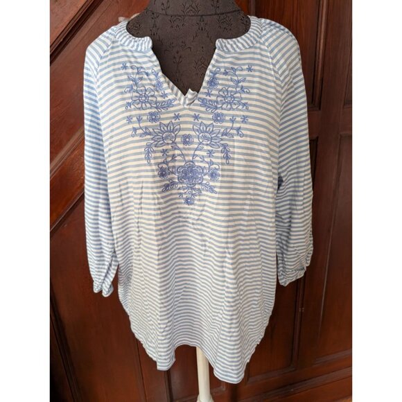 St. Johns Bay Womens Blue & White Striped Embroidered Cotton Top XL NWT - Picture 1 of 7
